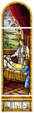 Stained glass picture of priest anointing a sick woman