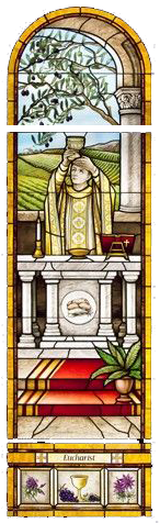 Stained Glass picture of priest holding a chalice with the precious blood