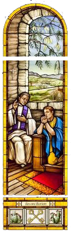 Stained Glass Picture of a Priest hearing confessions