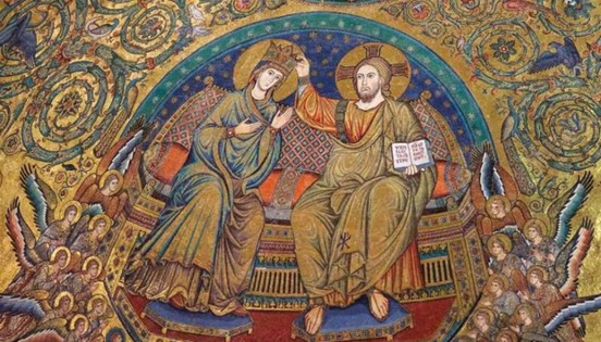 Mary sits enthroned in heaven on the right hand of Jesus Christ, who crowns her as “Queen of Heaven” in this 13th century apse mosaic in the Santa Maria Maggiore, Rome.
